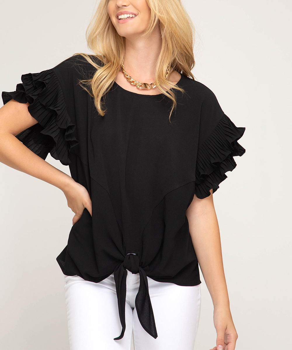 Avenue Hill Women's Blouses BLACK - Black Pleated Ruffle-Sleeve Scoop Neck Top - Women | Zulily