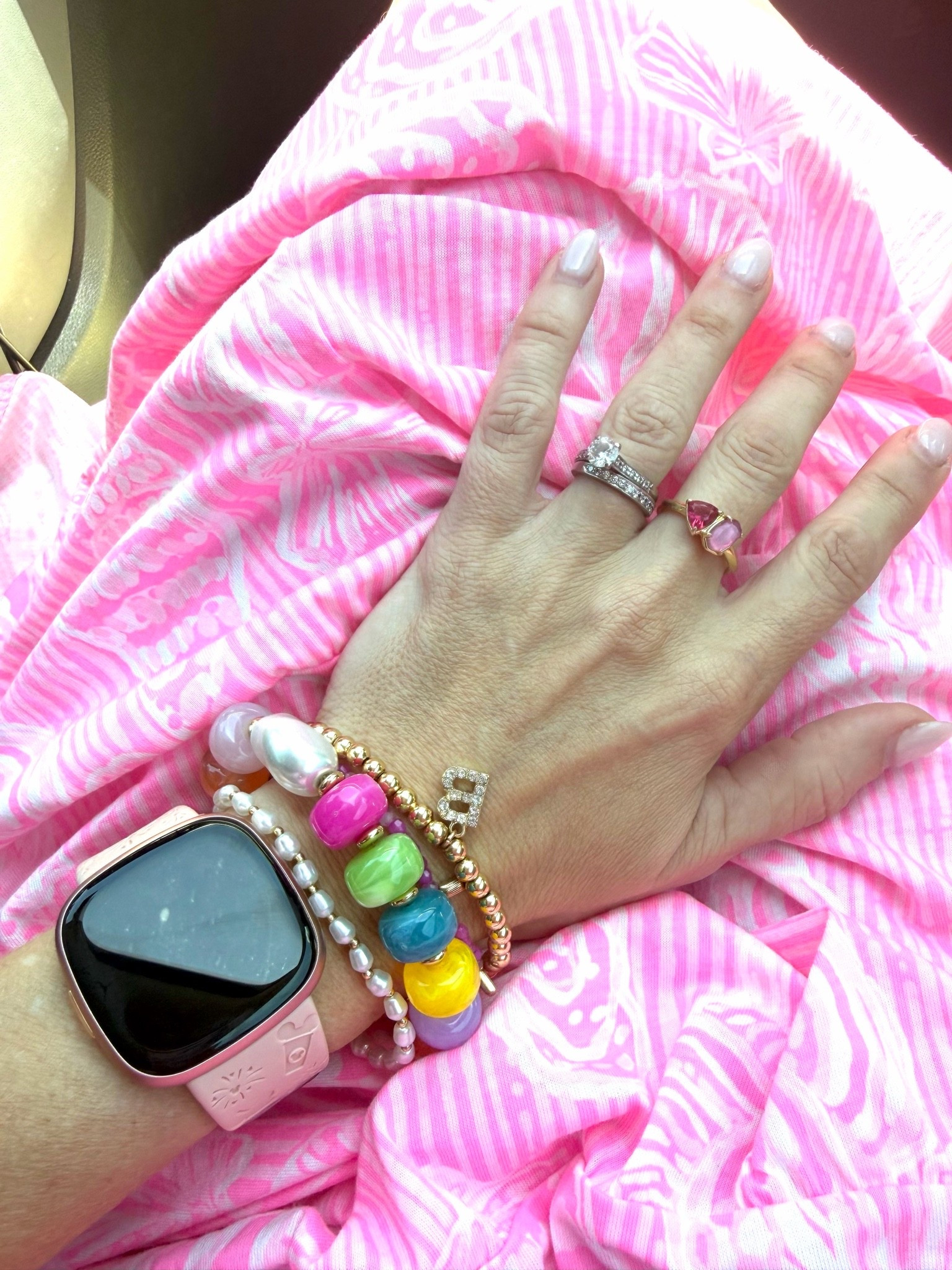 Colorful Summer Arm Candy ✨🌈💖

Adding a little extra fun to my everyday look with this colorful bracelet stack! From chunky candy-colored beads to classic pearls and a personalized initial bracelet, these pieces are perfect for mixing, matching, and brightening up any outfit. Paired with my favorite pink smartwatch band and a pretty pink gemstone ring for the ultimate summer accessory combo. ☀️🩷

Whether you’re heading on vacation, running errands, or just want to add a pop of color to a simple outfit, these affordable accessories make such a statement. Layer them together or wear them individually for endless styling options.

Colorful jewelry stack, beaded bracelets, pearl bracelet, initial bracelet, pink accessories, summer jewelry, preppy style, colorful accessories, affordable jewelry finds, bracelet layering, vacation accessories, everyday jewelry, pink gemstone ring, arm candy, cheerful summer style. 💕✨🌴

#LTKOver40 #LTKSeasonal #LTKootd