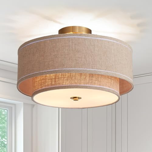Shrine Lighting Double Drum Ceiling Light, Perfect Drum Light Fixture for Dining Room, D16'' x H7'', E12*3 Sockets, Beige Linen Fabric Lampshade & Gold Rod | Amazon (US)