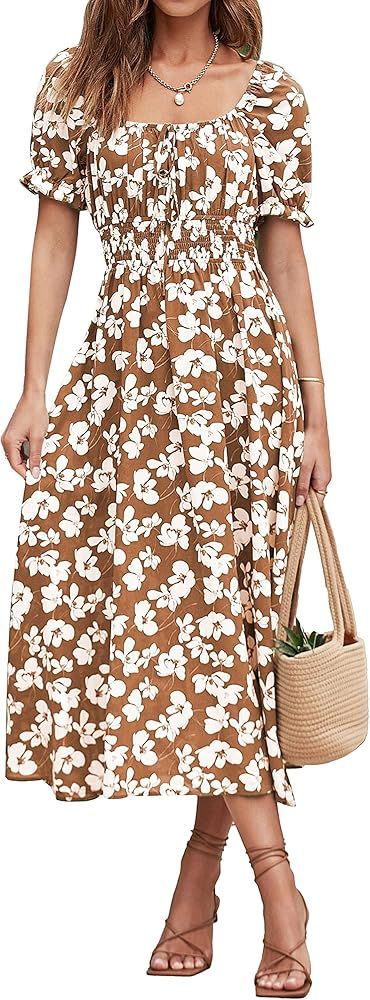 XIONGMEI Women Summer Casual Square Neck Short Sleeve Smocked Waist A-Line Midi Dresses Boho Flor... | Amazon (US)