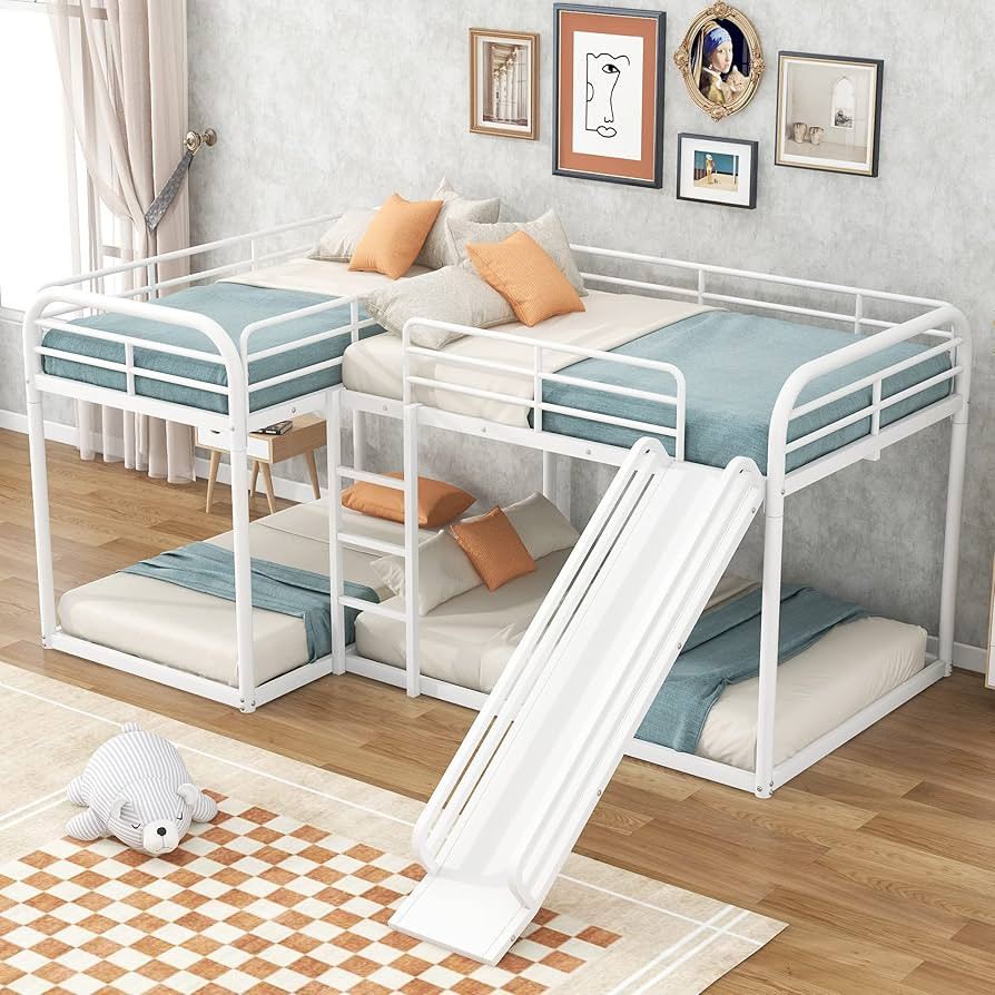 DHPM L Shaped Bunk Bed for 4, Bunk Bed with Slide, Heavy-Duty Metal Floor Bunk Bed Frame Full and... | Amazon (US)