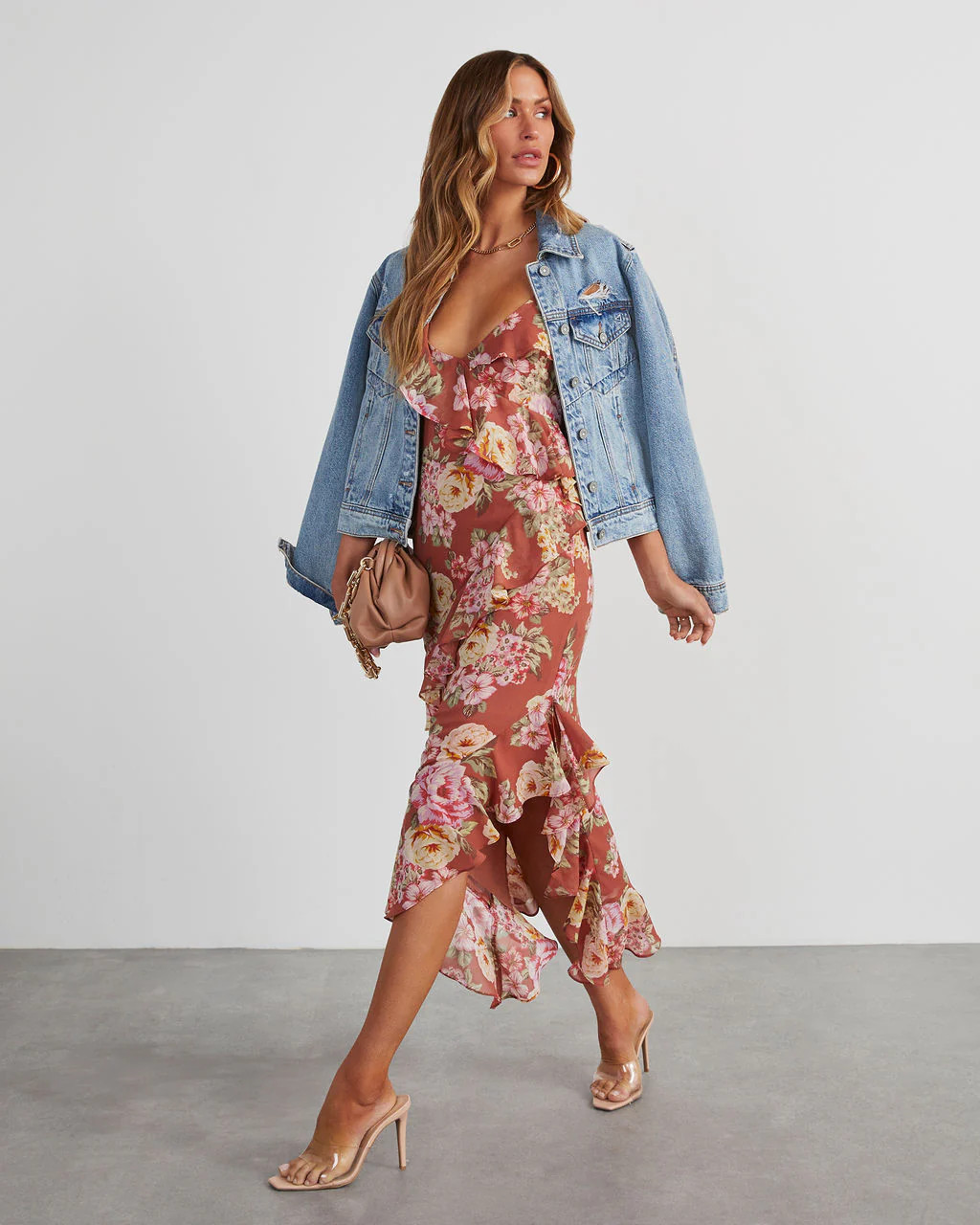 Safia Floral Ruffle Slip Midi Dress | VICI