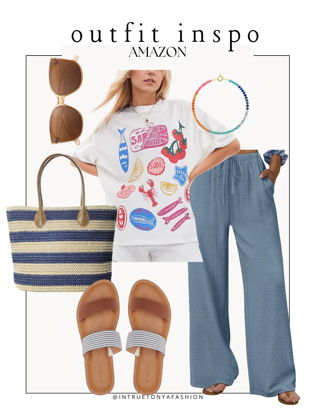 Summer graphic tee with lightweight linen pants, tote bag, sandals (went up half a size for these) and beaded necklace 






Amazon outfits, summer outfit inspo, outfit ideas, casual outfits amazon, amazon outfits every day, spring outfits 2026, summer outfits

#LTKSaleAlert #LTKPetite #LTKootd