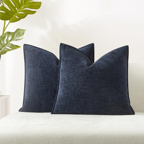 JUSPURBET Set of 2 Navy Blue Chenille Throw Pillow Covers 24x24 Inch Soft Textured Decorative Cushion Cases for Couch Sofa Bed Solid Home Decor Pillowcases | Amazon (US)