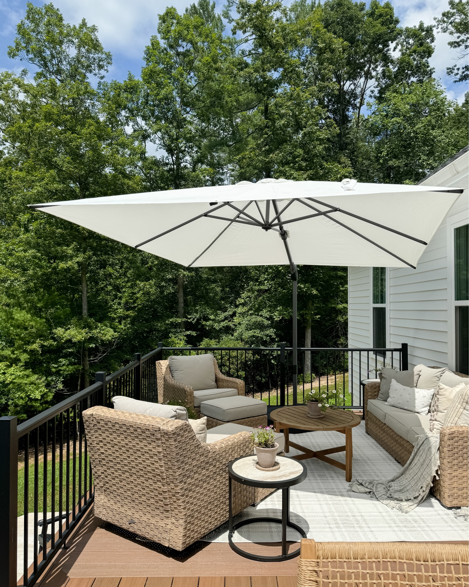 Our deck gets a lot of sun so here in a couple weeks as it really starts to warm up we’ll be bringing our umbrella back out.

This umbrella has several height adjustments and it can rotate 360 degrees so you can adjust it throughout the day as the sun moves. 

This is our second summer having it and it’s such a must have for our deck.


#LTKHome