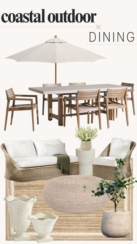 Coastal outdoor dining including, outdoor dining table, outdoor umbrella, outdoor couch, chair, accent table, faux table plant, outdoor rug, outdoor planters, coffee table, 

#LTKStyleTip #LTKSeasonal #LTKHome