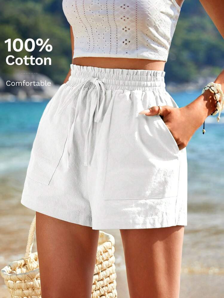 Vivid Eden Women's White Summer Basic Casual Vacation Holiday Shorts,Solid Color 100% Cotton Draw... | SHEIN