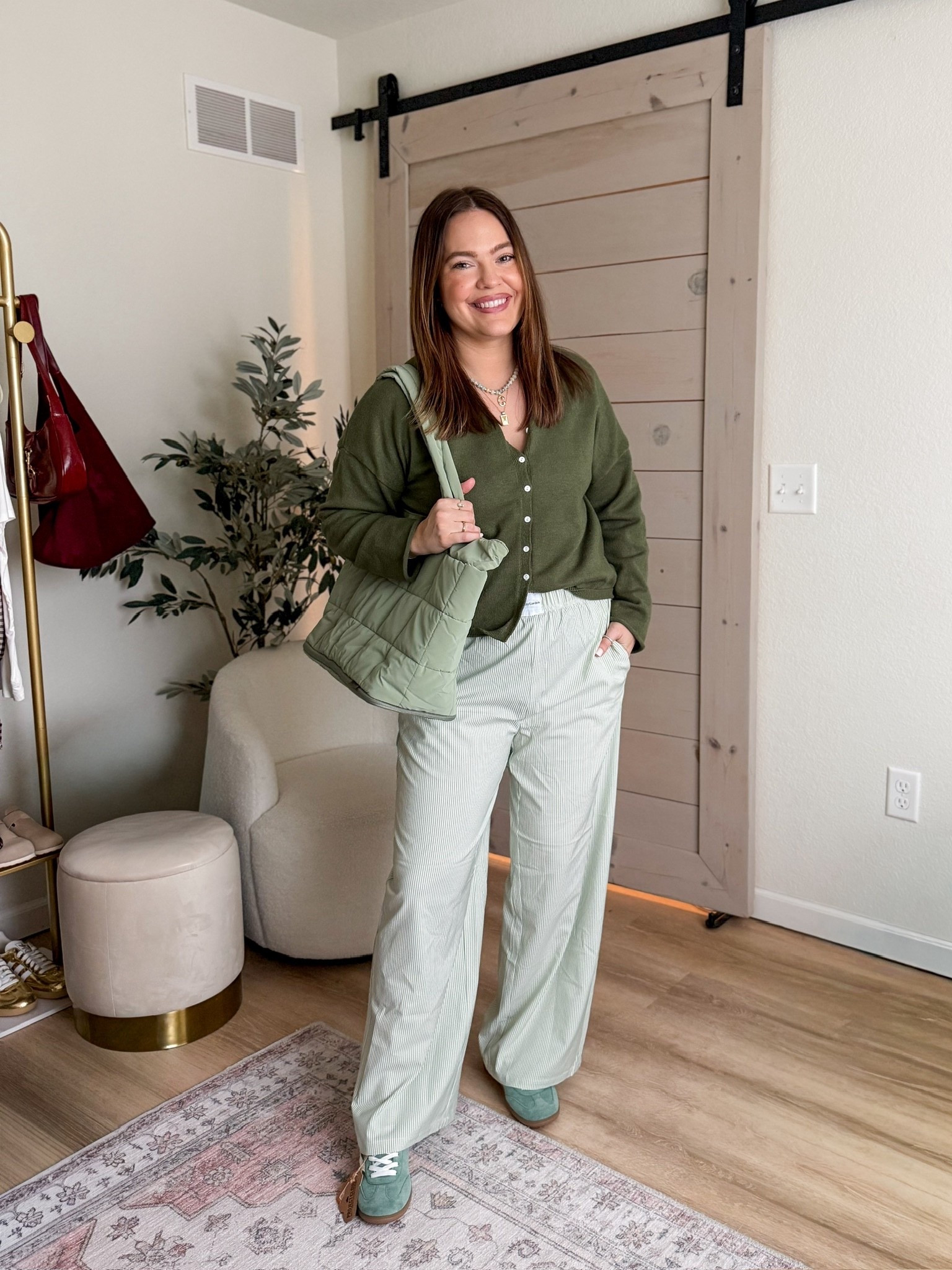 Wearing size large and the wide leg, striped pants and button up cardigan // paired with a puffy bag and green sneakers 

#LTKootd #LTKSeasonal #LTKMidsize