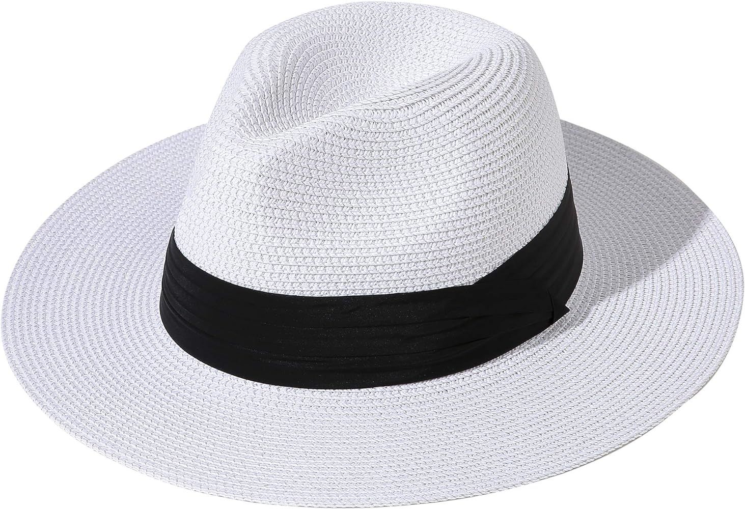 Womens UPF50 Foldable Summer Straw Hat Wide Brim Fedora Sun Beach hat | Amazon (US)