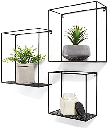 Metal Wall Shelf - 3 Pack Set, Decorative Shelf, Floating Black Shelves, Trendy Wire Cube Wall Sh... | Amazon (US)