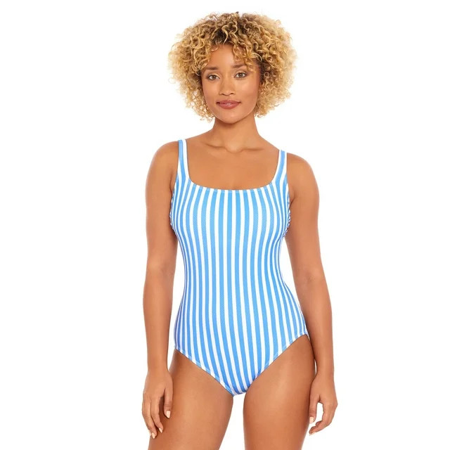Time and Tru Women's and Plus Size Pique Stripe Square Neck One Piece Swimsuit, Sizes XS-3X | Walmart (US)