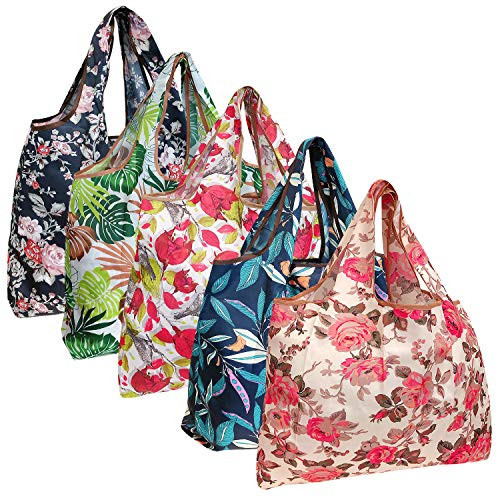 allydrew Large Foldable Tote Nylon Reusable Grocery Bags, 5 Pack, Flowers & Ferns | Amazon (US)