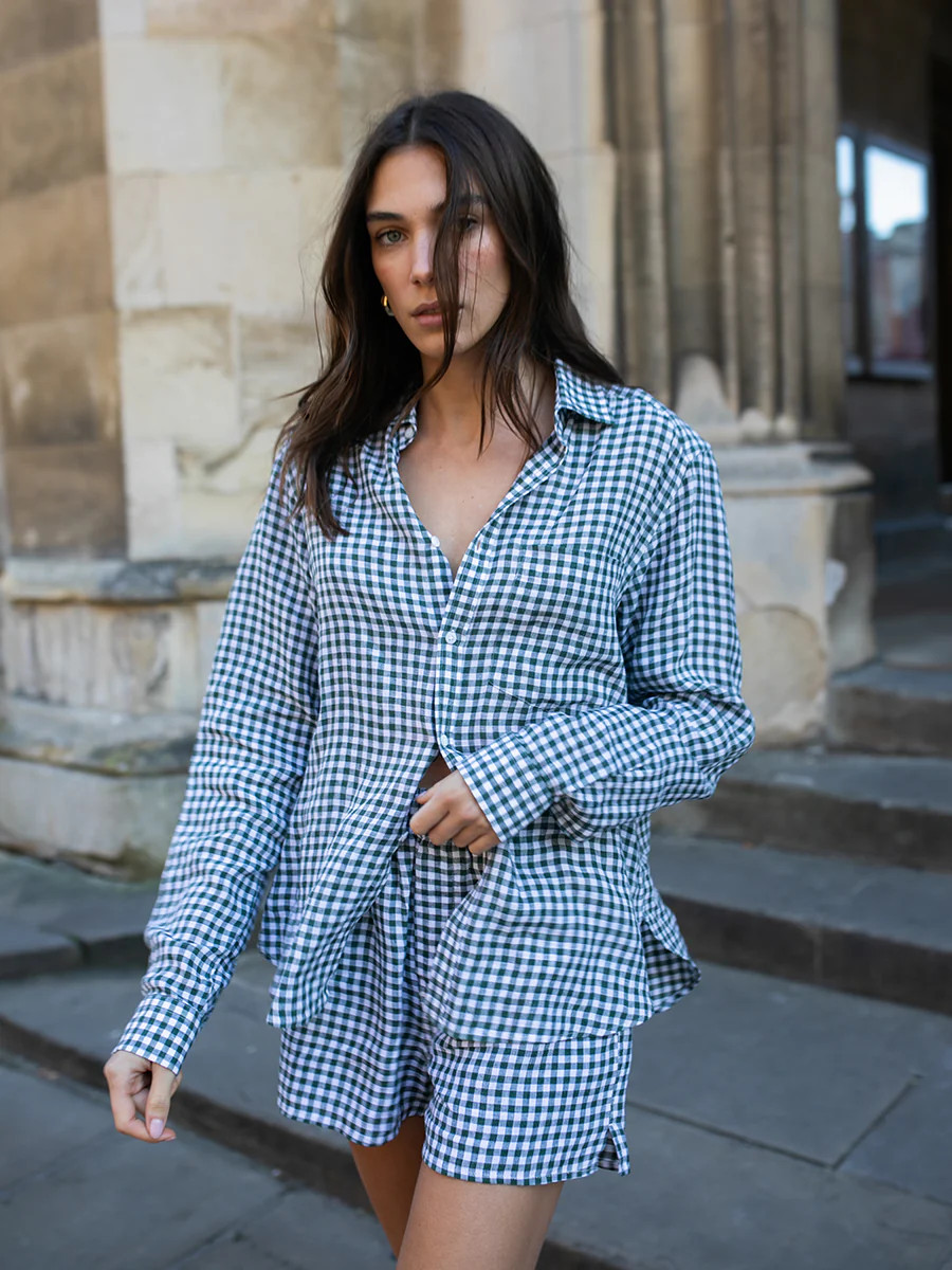 The Classic: Linen Shirt & Boxer Set, Navy Blue Gingham | With Nothing Underneath