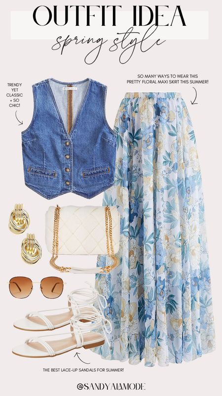 Chic spring outfit idea | trendy spring style | elevated casual spring outfit | Amazon finds | Amazon fashion | Amazon spring style | denim vest | how to style a denim vest for spring | how to style a floral maxi skirt | Target finds | Target white crossbody | designer inspired sunglasses | Amazon gold knot earrings | white lace up sandals 

#LTKfindsunder100 #LTKstyletip

#LTKSeasonal