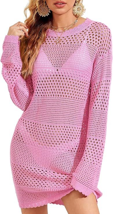 Saodimallsu Womens Crochet Swimsuit Cover Up Summer Bathing Suit Long Sleeve Mesh Knit Pullover B... | Amazon (US)