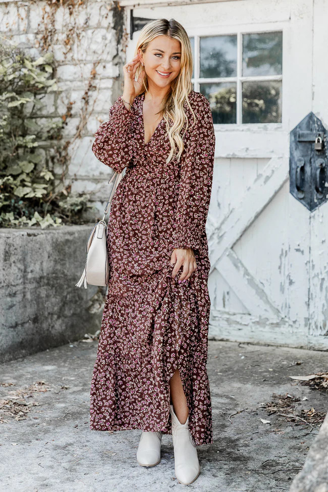 Should've Seen It Coming Brown Floral Long Sleeve Maxi Dress | Pink Lily