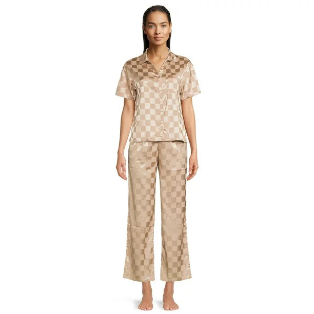 Lissome Women's and Women's Plus Satin Checkered Boxy Crop Top and Pants Sleep Set, 2-Piece | Walmart (US)