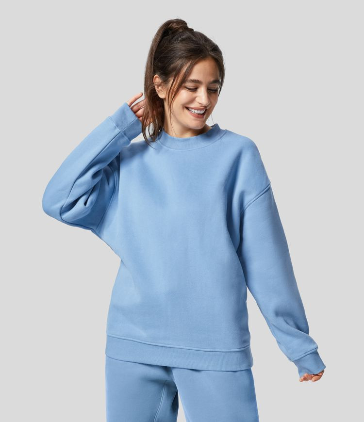 Round Neck Long Sleeve Solid Oversize Casual Cotton Sweatshirt | HALARA