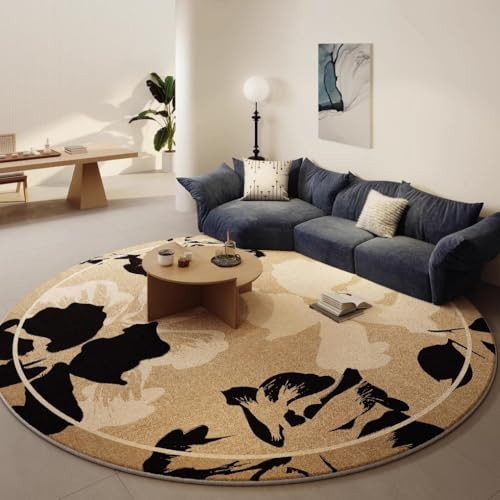 Minimalist Beige Black Floral Pattern Indoor Round Rug for Livingroom Bedroom Guestroom Washable Non Shedding Soft Large Carpet Nursery Diningroom Dorm Modern Neutral Home Office Circular Rugs 2ft | Amazon (US)