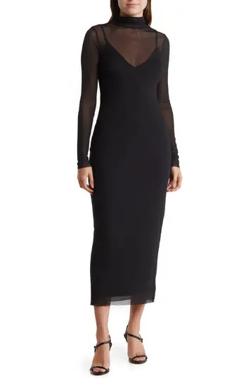 AFRM LOS ANGELES Marni Turtleneck Long Sleeve Mesh Dress in Noir at Nordstrom Rack, Size Medium | Nordstrom Rack
