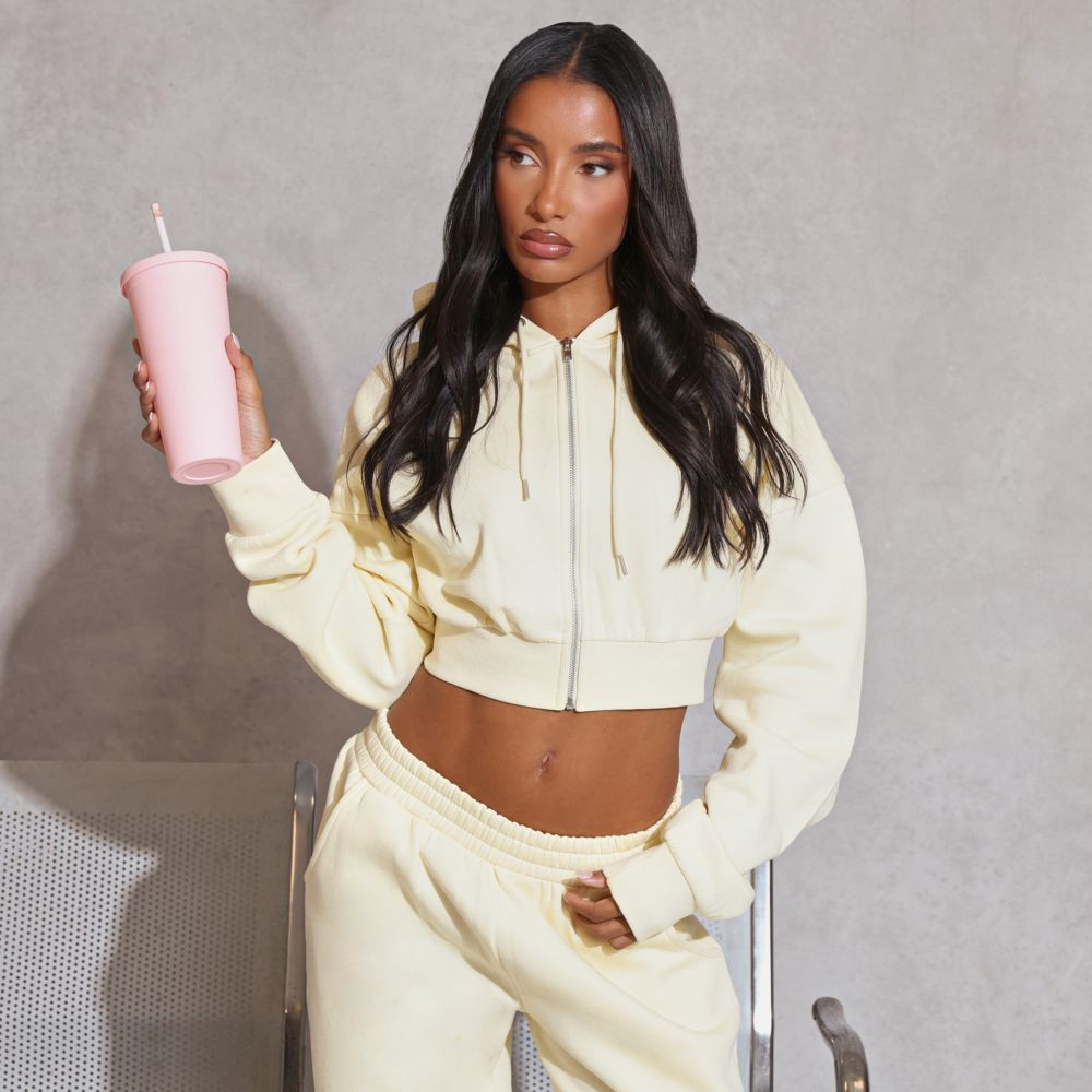 Long Sleeve Zip Up Front Cropped Hoodie In Lemon | EGO (UK)
