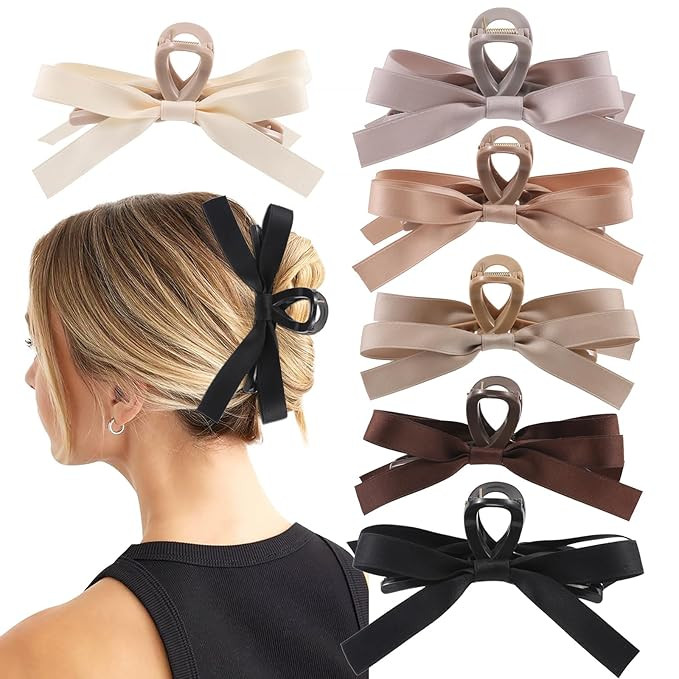 Auseibeely 6 PCS Silky Satin Bow Hair Clips, Non-Slip Clips for Thin and Thick Hair, Bows for Wom... | Amazon (US)