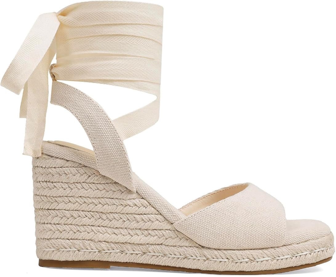 Womens Espadrilles Wedges Sandals Summer Lace Up Platform Raffia Heels Beach Sandles - Ankle Stra... | Amazon (US)