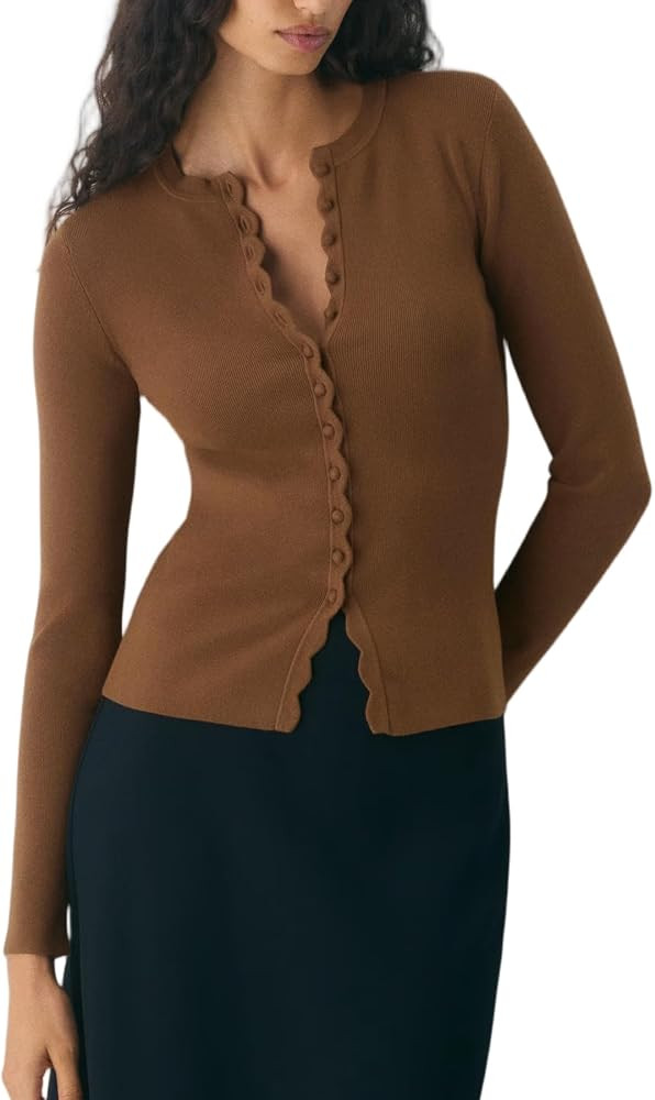 Ainangua Cropped Cardigan Sweaters for Women Soft Crew Neck Button Down Sweater with Scalloped Tr... | Amazon (US)