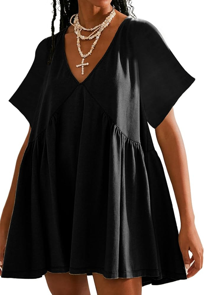 Womens Summer Mini Dress Casual Short Sleeve Loose V Neck Swing Sundress with Pocket | Amazon (US)