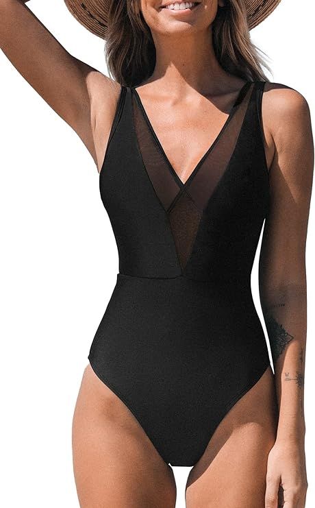 CUPSHE One Piece Swimsuit for Woman Bathing Suit Mesh V Neck Crossciss Fixed Wide Straps Mid Cut | Amazon (US)
