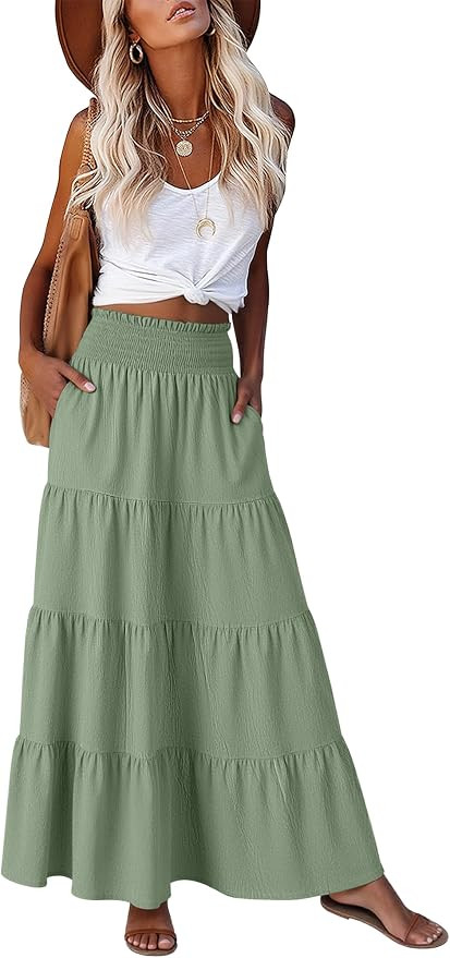 ANRABESS Womens Maxi Skirts, Elastic High Waist A-Line Tiered, Long Flowy Boho Skirts, Summer Cas... | Amazon (US)