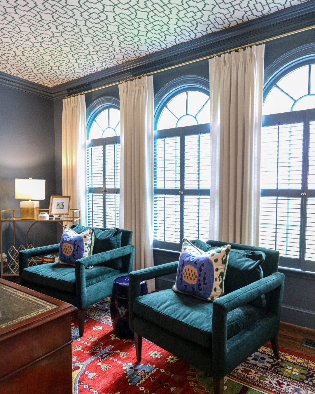 The 5th wall deserves some love too! 💙😍 A fun and colorful home office space! 

Curated living room, curated home office, office decor, office inspiration, home office inspo, wallpapered ceiling, ceiling wallpaper, eclectic office, eclectic home decor, modern home decor, modern traditional home decor, southern traditional home decor, colorful home decor, color drenching, velvet chair, accent chair, teal chair, blue room, red rug, red oushak rug, blue office, bold office, fun office, sophisticated 

#LTKHome #LTKStyleTip #LTKFindsUnder100