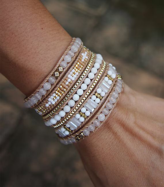 White and Gold beaded mix Wrap bracelet, Boho bracelet, Bohemian bracelet, Beadwork bracelet • ... | Etsy (US)