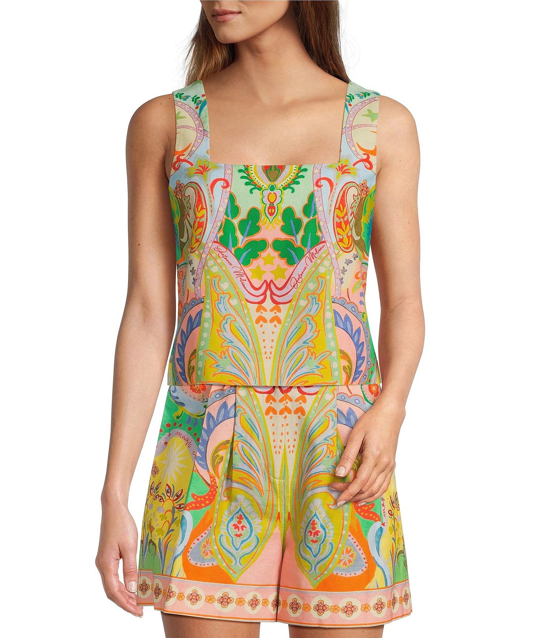 Brooks Printed Coordinating Linen Square Neck Sleeveless Blouse | Dillard's