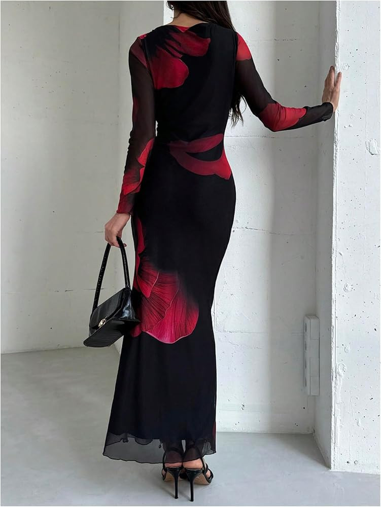 Milumia Women's Tie Dye Mesh Bodycon Dresses Floral Long Sleeve Maxi Dresses Cocktail Party | Amazon (US)