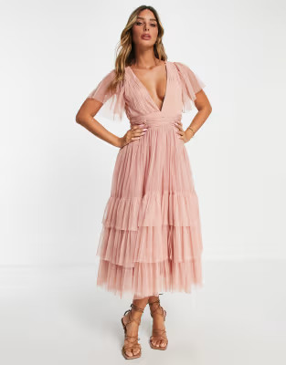 Lace & Beads Bridesmaid Madison v neck tulle dress in blush | ASOS (Global)