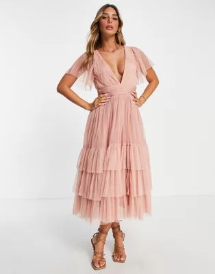 Lace & Beads Bridesmaid Madison v neck tulle dress in blush | ASOS (Global)