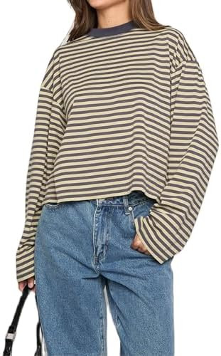 Women Y2k Long Sleeve Fairy Grunge Striped Baggy Tees Shirts 2000s Emo Aesthetic Sweater Crop Top... | Amazon (US)