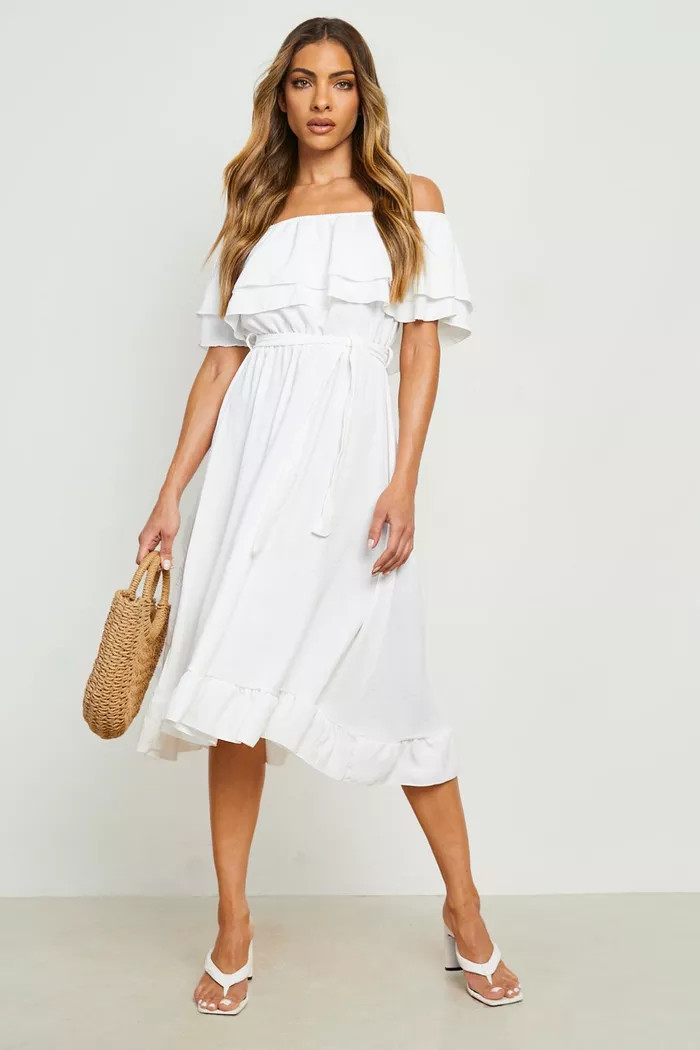 Off The Shoulder Ruffle Midi Dress | Boohoo.com (US & CA)