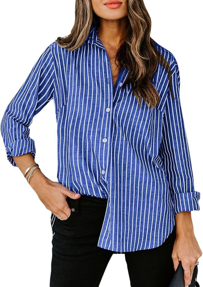 siliteelon Womens Button Down Shirts Cotton Striped Dress Shirt Long Sleeve Collared Office Work ... | Amazon (US)