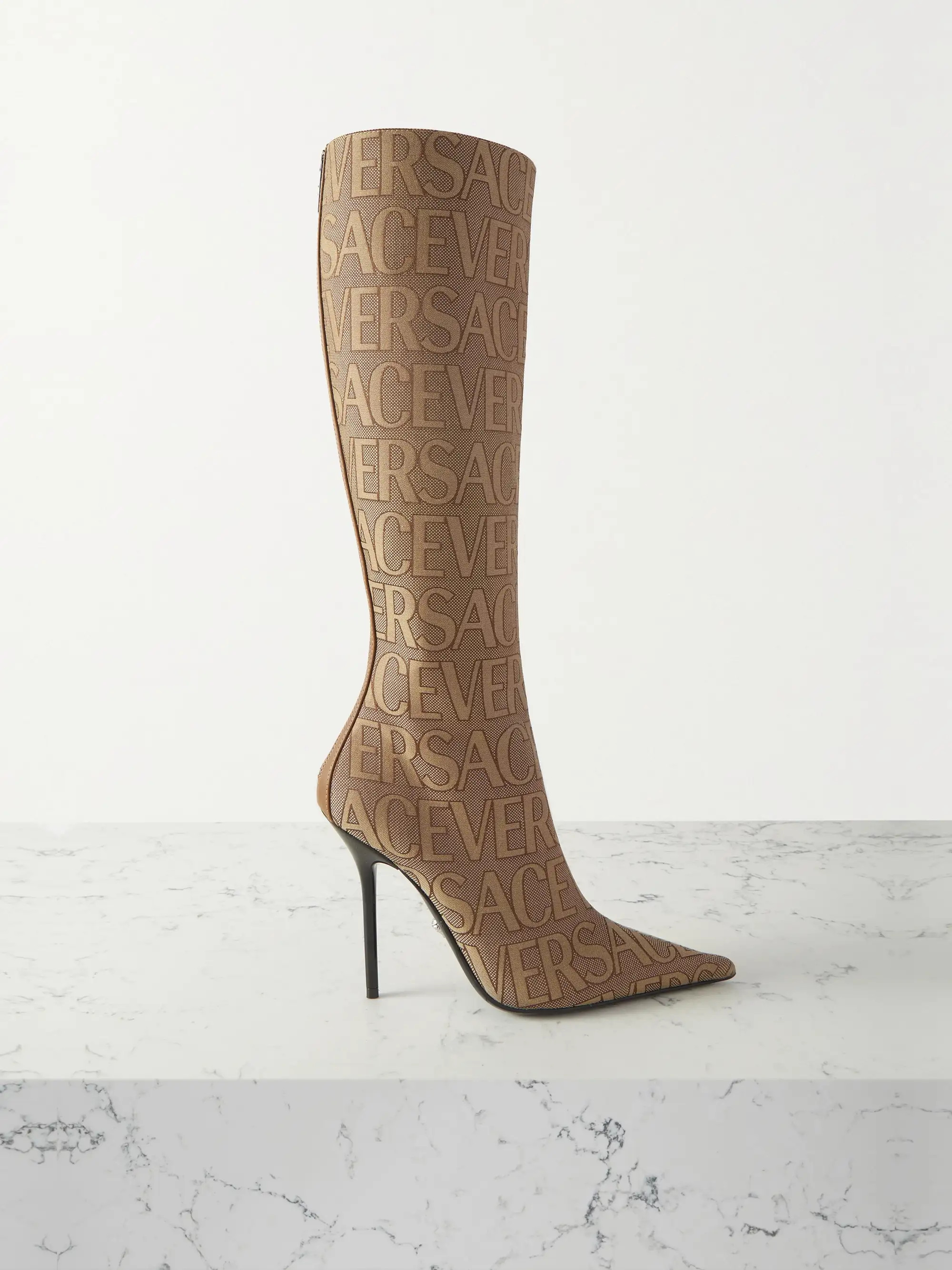 Leather-trimmed canvas-jacquard knee boots | NET-A-PORTER (US)