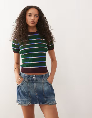 Monki compact rib knit short sleeve top in green stripe | ASOS (Global)