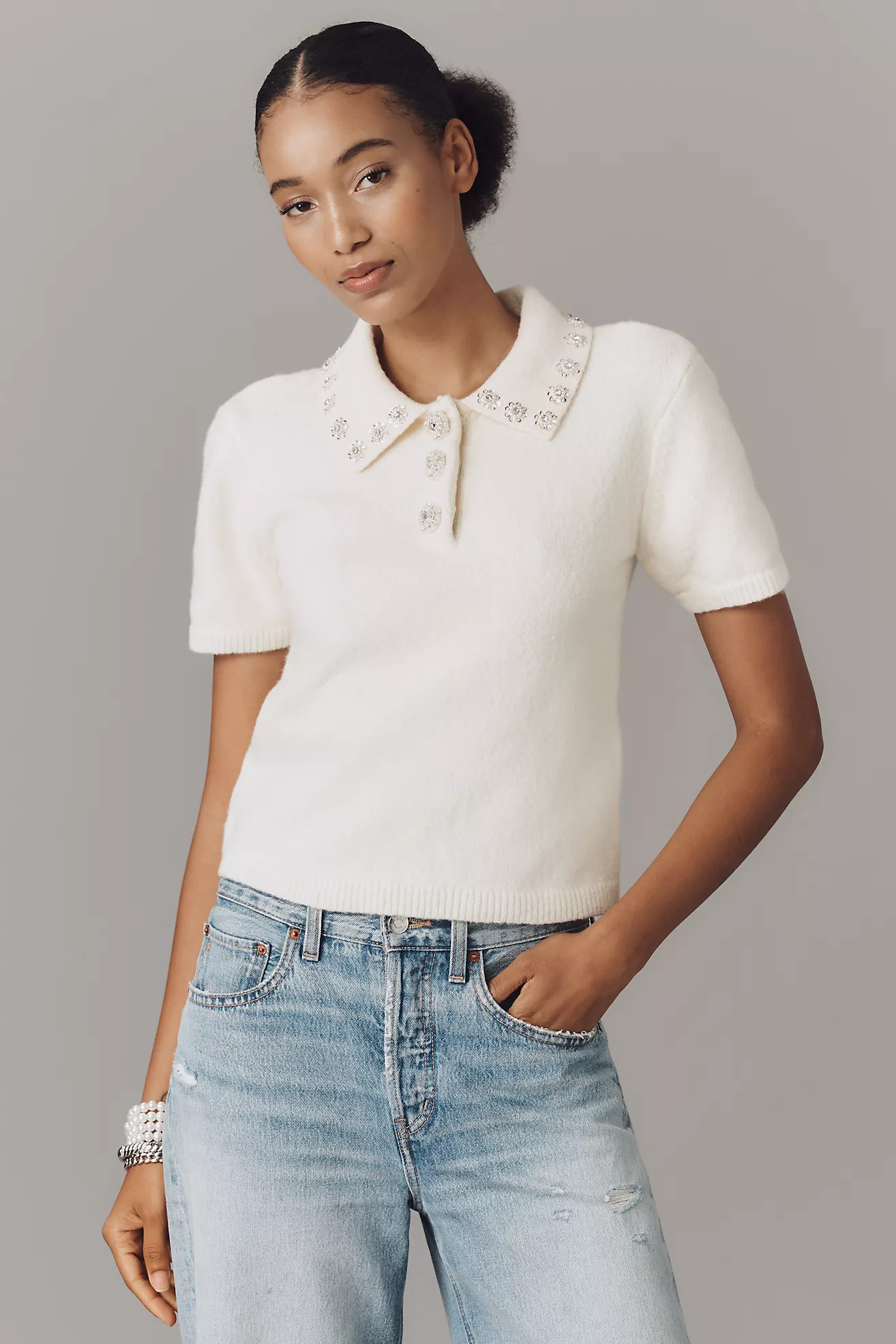 English Factory Short-Sleeve Embellished Polo Sweater | Anthropologie (US)