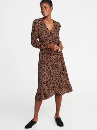 Waist-Defined Ruffle-Trim Faux-Wrap Georgette Dress for Women | Old Navy US
