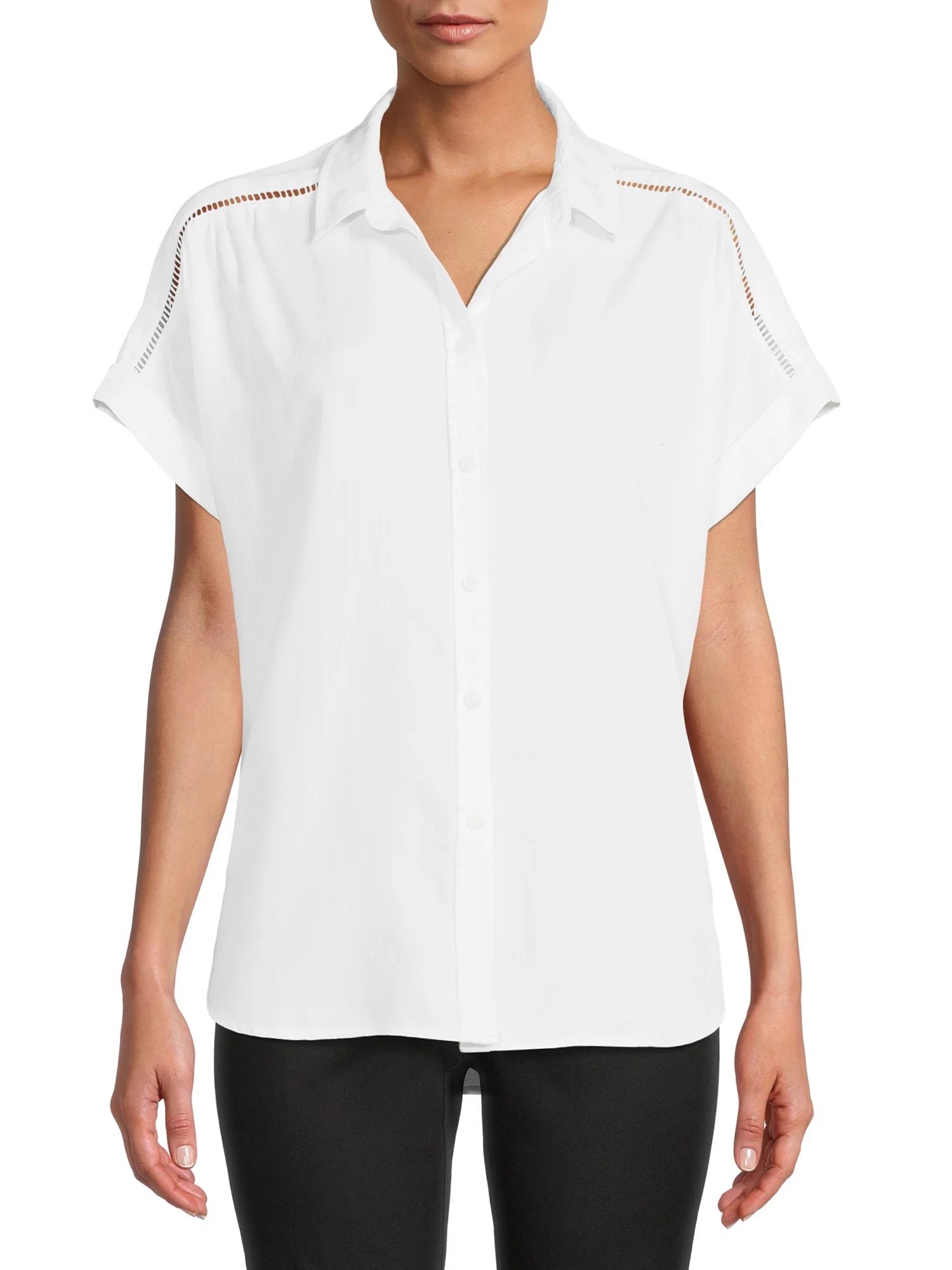 Time and Tru Women's Short Sleeve Roll Cuff Shirt - Walmart.com | Walmart (US)