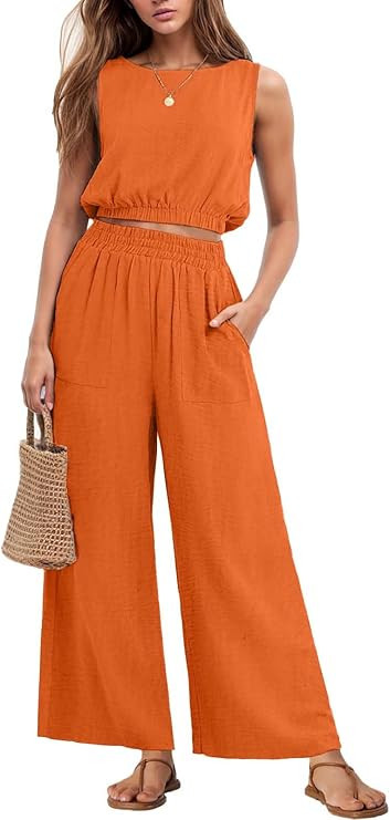 GRECERELLE Two Piece Sets for Women Sleeveless Crop Top Wide Leg Pants Sweat Set for Women Tracks... | Amazon (US)