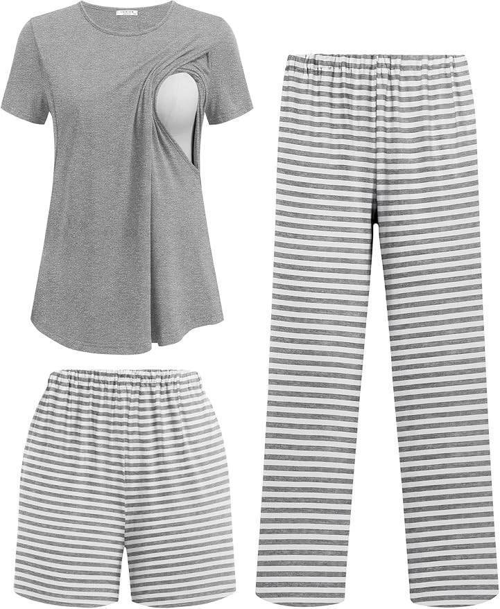 Ekouaer 3 Piece Maternity Pajamas Set Postpartum Nursing Short Sleeve Breastfeeding Sleepwear Pre... | Amazon (US)