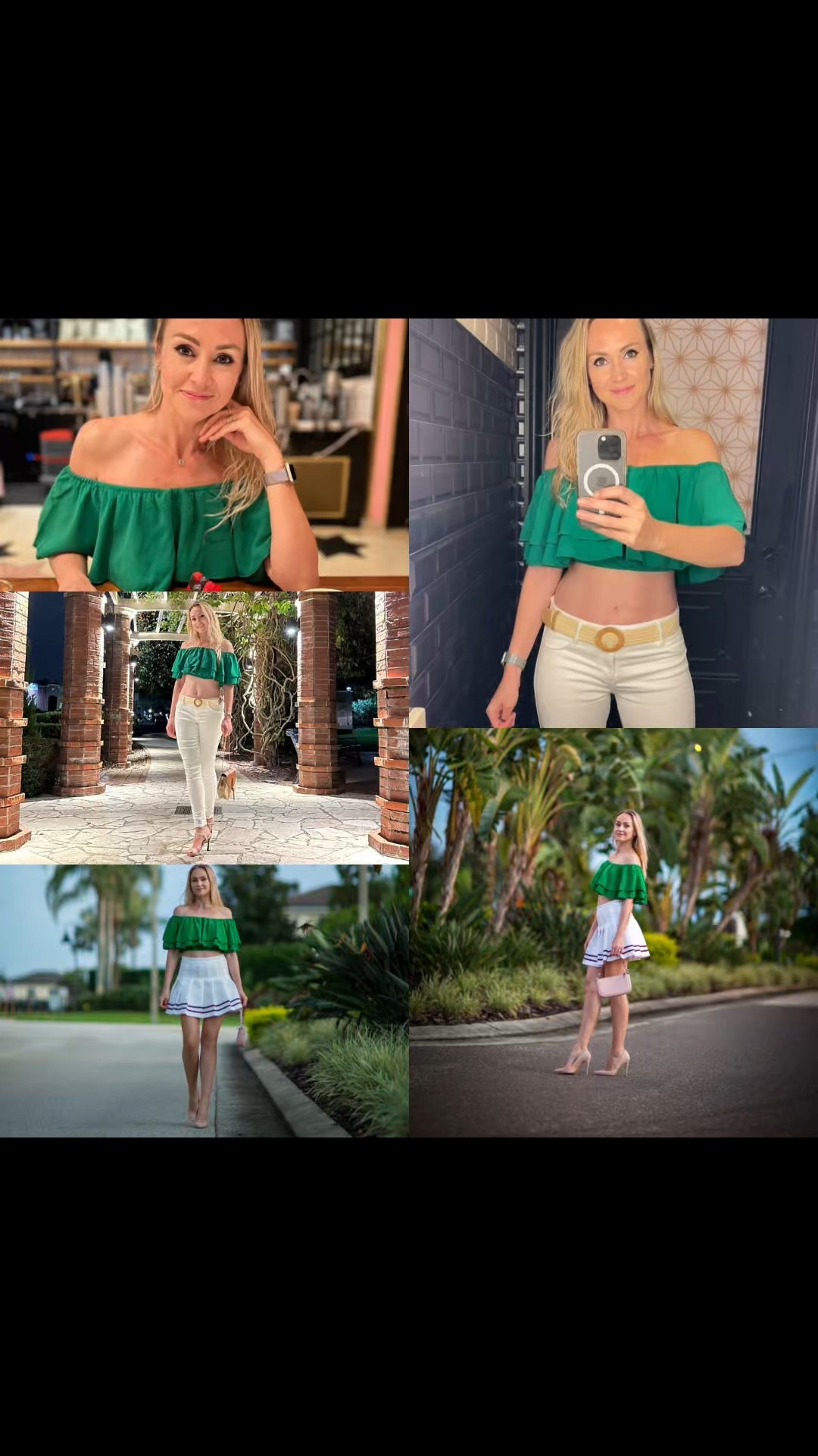🌿🌟 Green & White Outfit Inspo! 🌟🌿
Styling one vibrant off-shoulder green top in two chic ways:

1️⃣ Casual Chic: Paired with white skinny jeans and a woven belt for an effortless everyday look. Perfect for a stroll or a casual evening out.
✨ Accessories: Neutral heels and minimal jewelry keep it elegant and fresh.

2️⃣ Flirty Feminine: Styled with a white pleated mini skirt. Great for a sunny day or brunch vibes!
✨ Accessories: Nude pumps elongate the legs, and a pastel pink handbag adds a soft pop of color.

Which look do you love more? 💚 

🛍️ Shop these versatile pieces directly via my LTK profile. Links in bio! #LTKstyletip #OutfitInspo #GreenStyle

#LTKU #LTKStyleTip