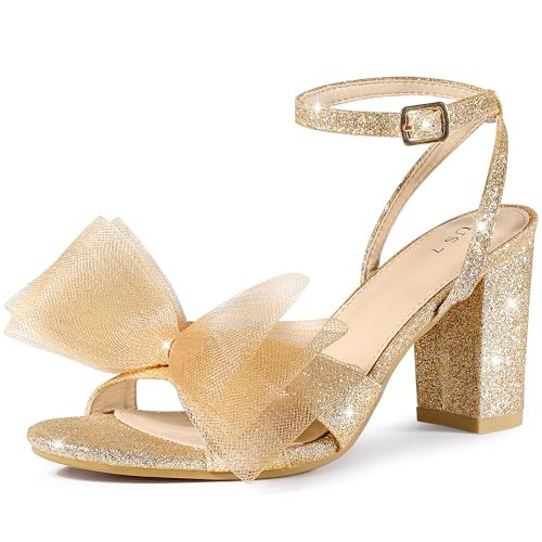 Perphy Glitter Heel with Bows Chunky Heel Gold Bow Heels Sandal for Women - 9.5 M US | Amazon (US)