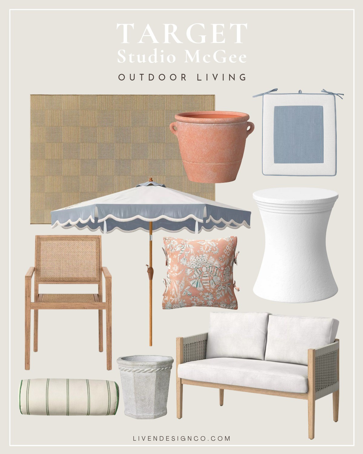 Target Studio McGee patio finds. Home decor. Scalloped patio umbrella. Outdoor cushion. Outdoor rug. Outdoor accent table. Woven patio chair. Patio loveseat. Outdoor pillows. Planters

#LTKSeasonal #LTKHome #LTKFindsUnder50